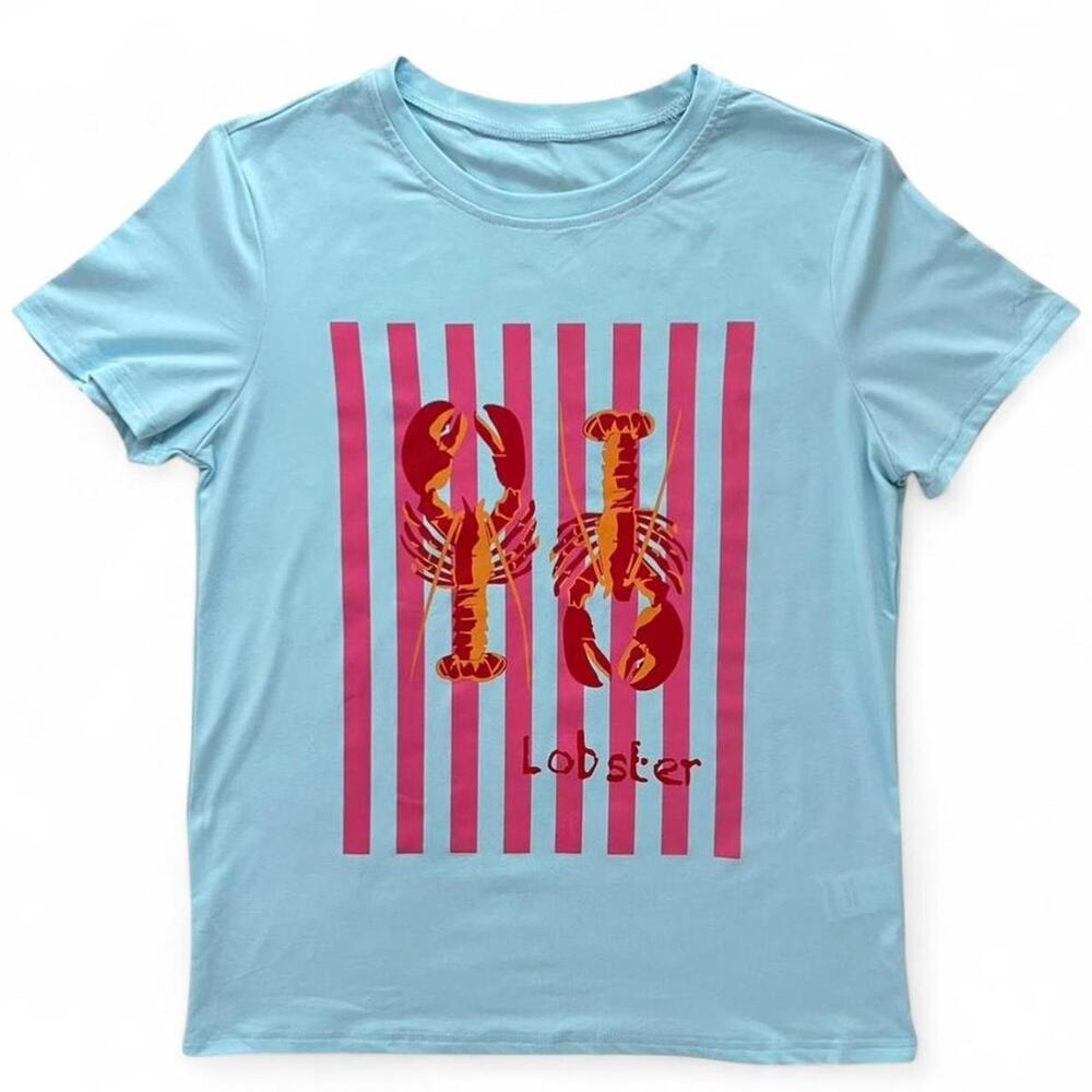 Graphic Tee Pink Stripe  Light Blue Lobster Summer Eclectic Women’s Small